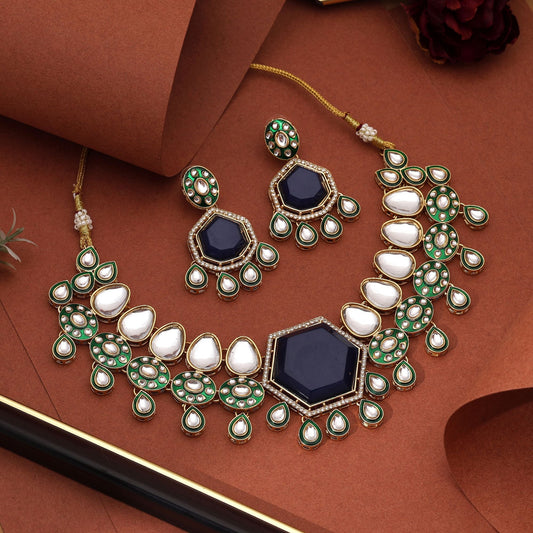 Stunning Blue Color Kundan Necklace Set With Matching Earrings For Party And Bridal Looks