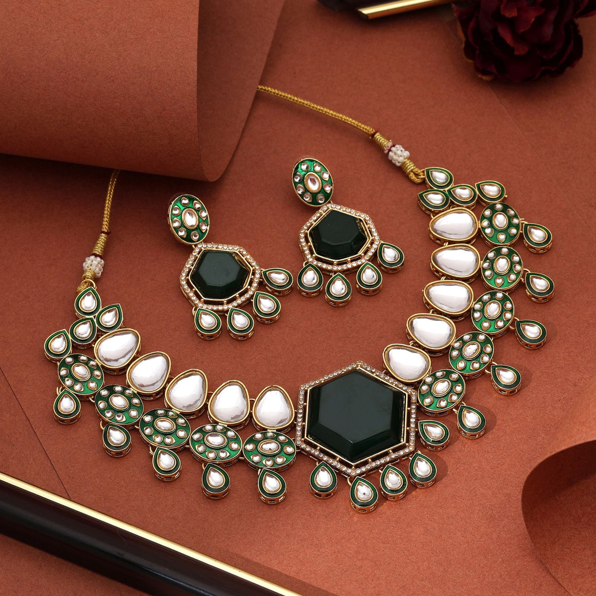 Beautiful Green Color Kundan Necklace Set With Earrings Perfect For Wedding Ceremonies | FEMNARI
