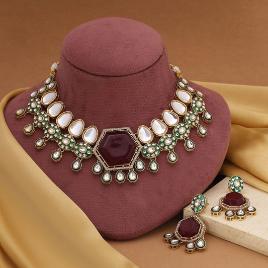 Royal Maroon Color Kundan Necklace Set With Antique Finish Perfect For Indian Brides