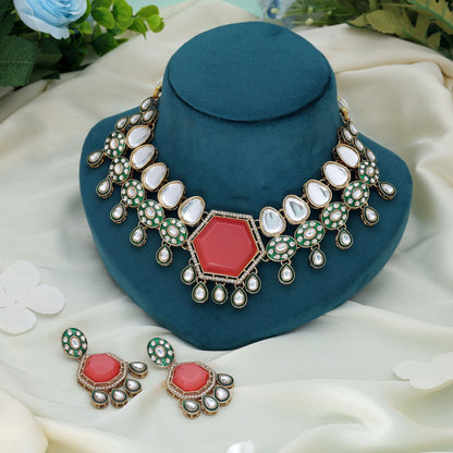 Orangefarbenes Kundan Halsketten-Set königlich traditionelles Brautschmuck-Statement-Design