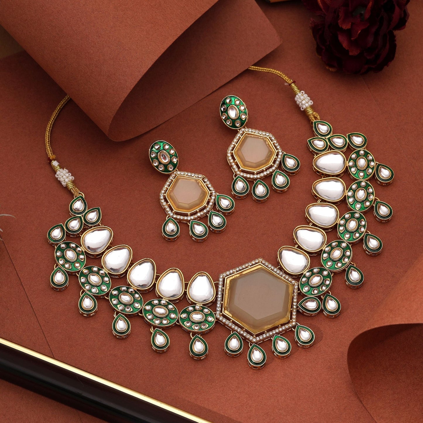 Elegant Off White Color Kundan Necklace Set With Matching Earrings For Timeless Look