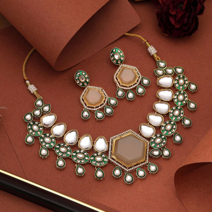 Elegant Off White Color Kundan Necklace Set With Matching Earrings For Timeless Look