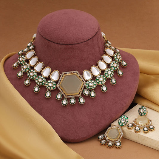 Elegant Off White Color Kundan Necklace Set With Matching Earrings For Timeless Look