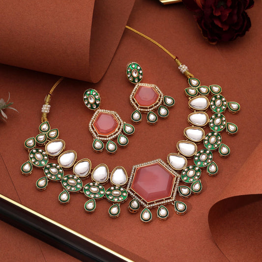 Gorgeous Pink Color Kundan Necklace Set With Antique Gold Finish Perfect For Celebrations