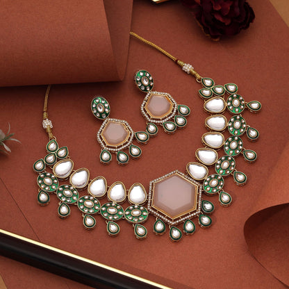 Premium White Color Kundan Necklace Set With Choker Style Perfect For Bride Jewellery