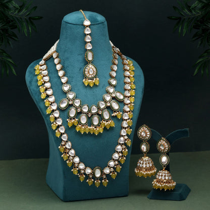 Stylish Yellow Color Kundan Necklace Set Designed With Artistic Craftsmanship For Women’S Jewelry