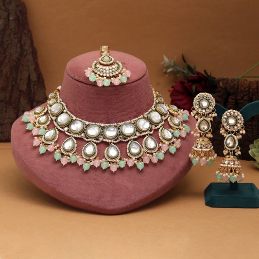 Attractive Pista Green And Pink Color Kundan Necklace Set Perfect For Indian Wedding Jewelry