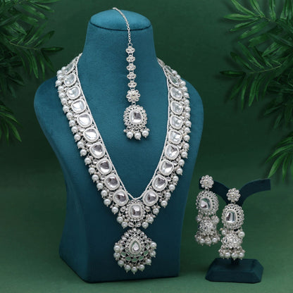 Elegant White Gold Color Kundan Necklace Set Crafted For Women’S Bridal And Engagement Jewelry