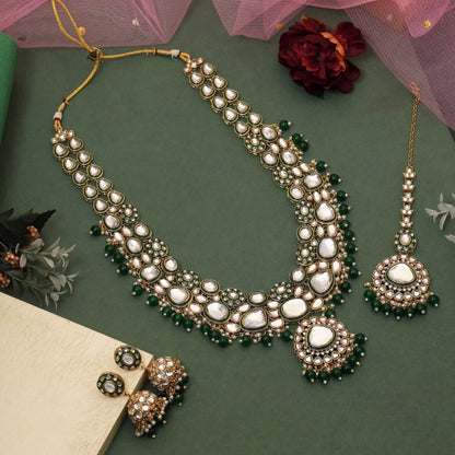 Royal Green Color Meena Work Kundan Necklace Set Designed For Bridal Fashion And Cultural Outfits