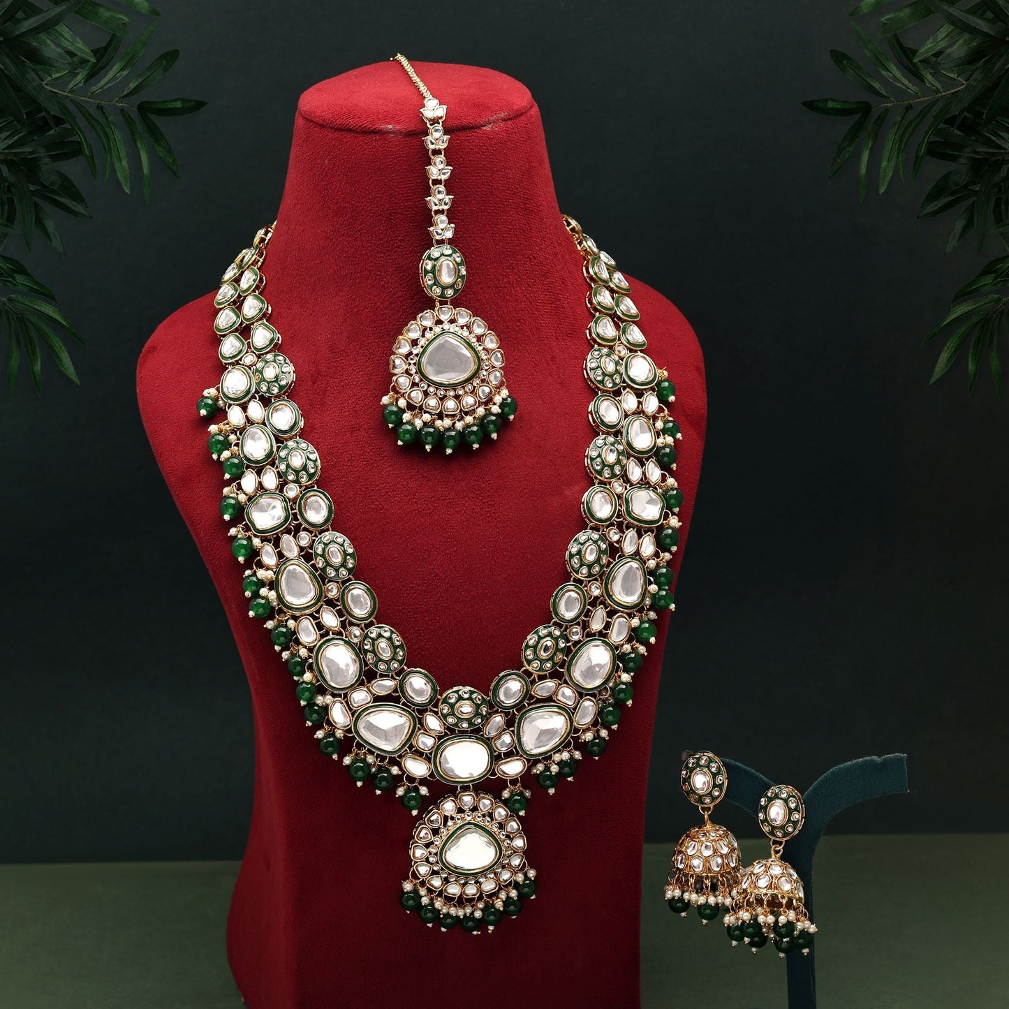 Royal Green Color Meena Work Kundan Necklace Set Designed For Bridal Fashion And Cultural Outfits
