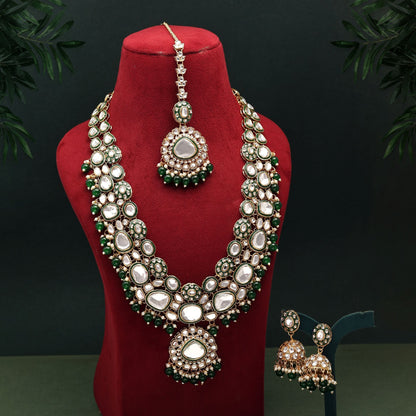 Royal Green Color Meena Work Kundan Necklace Set Designed For Bridal Fashion And Cultural Outfits