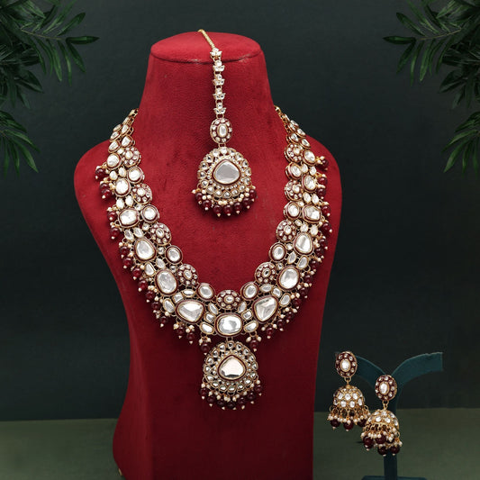 Wunderschönes kastanienbraunes Meena-Work-Kundan-Halsketten-Set, perfekt für Bräute und festliche Anlässe