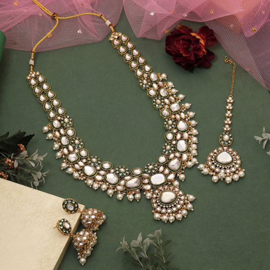 Elegant White Color Meena Work Kundan Necklace Set Designed For Wedding Jewelry Styling