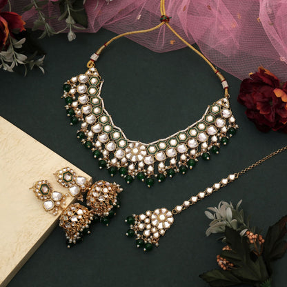 Beautiful Green Color Meena Work Kundan Necklace Set Crafted With Premium Detailing For Bridal Jewelry
