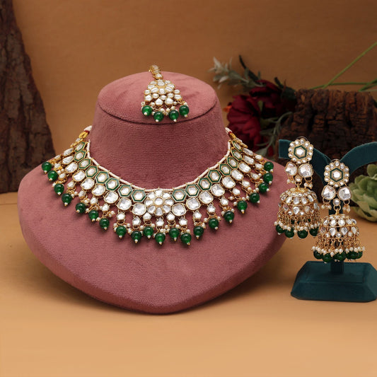 Beautiful Green Color Meena Work Kundan Necklace Set Crafted With Premium Detailing For Bridal Jewelry