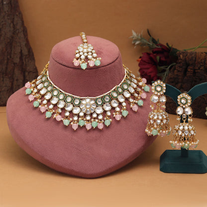 Attractive Pista Green And Pink Color Meena Work Kundan Necklace Set Crafted For Parties And Weddings