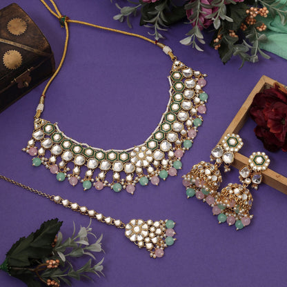 Attractive Pista Green And Pink Color Meena Work Kundan Necklace Set Crafted For Parties And Weddings