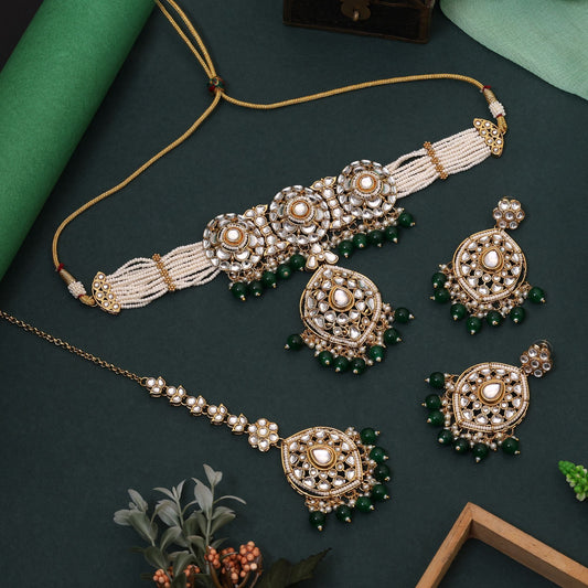 Elegant Green Color Choker Kundan Necklace Set Perfect For Bridal Wear And Festive Celebrations