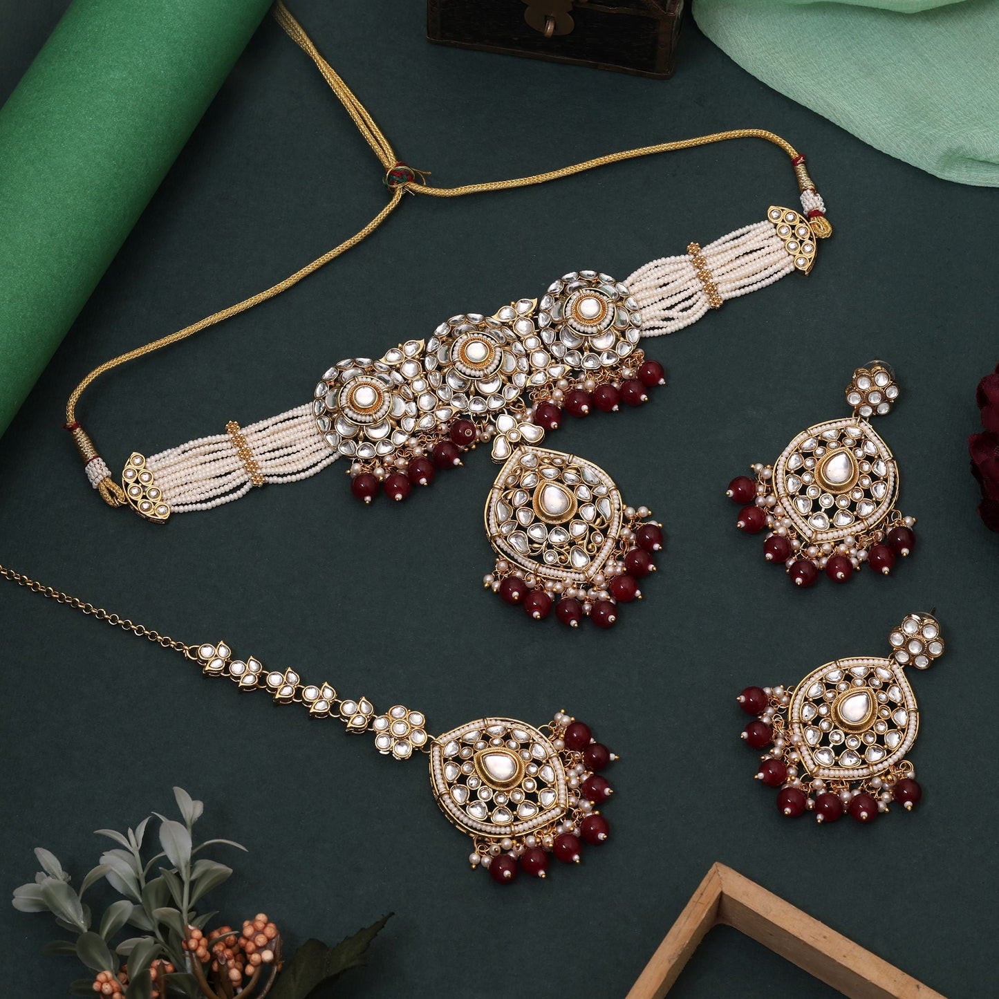 Stylish Maroon Color Choker Kundan Necklace Set Crafted For Wedding Jewelry And Party Occasions