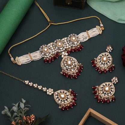 Stylish Maroon Color Choker Kundan Necklace Set Crafted For Wedding Jewelry And Party Occasions