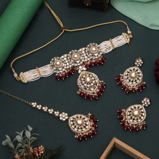 Stylish Maroon Color Choker Kundan Necklace Set Crafted For Wedding Jewelry And Party Occasions