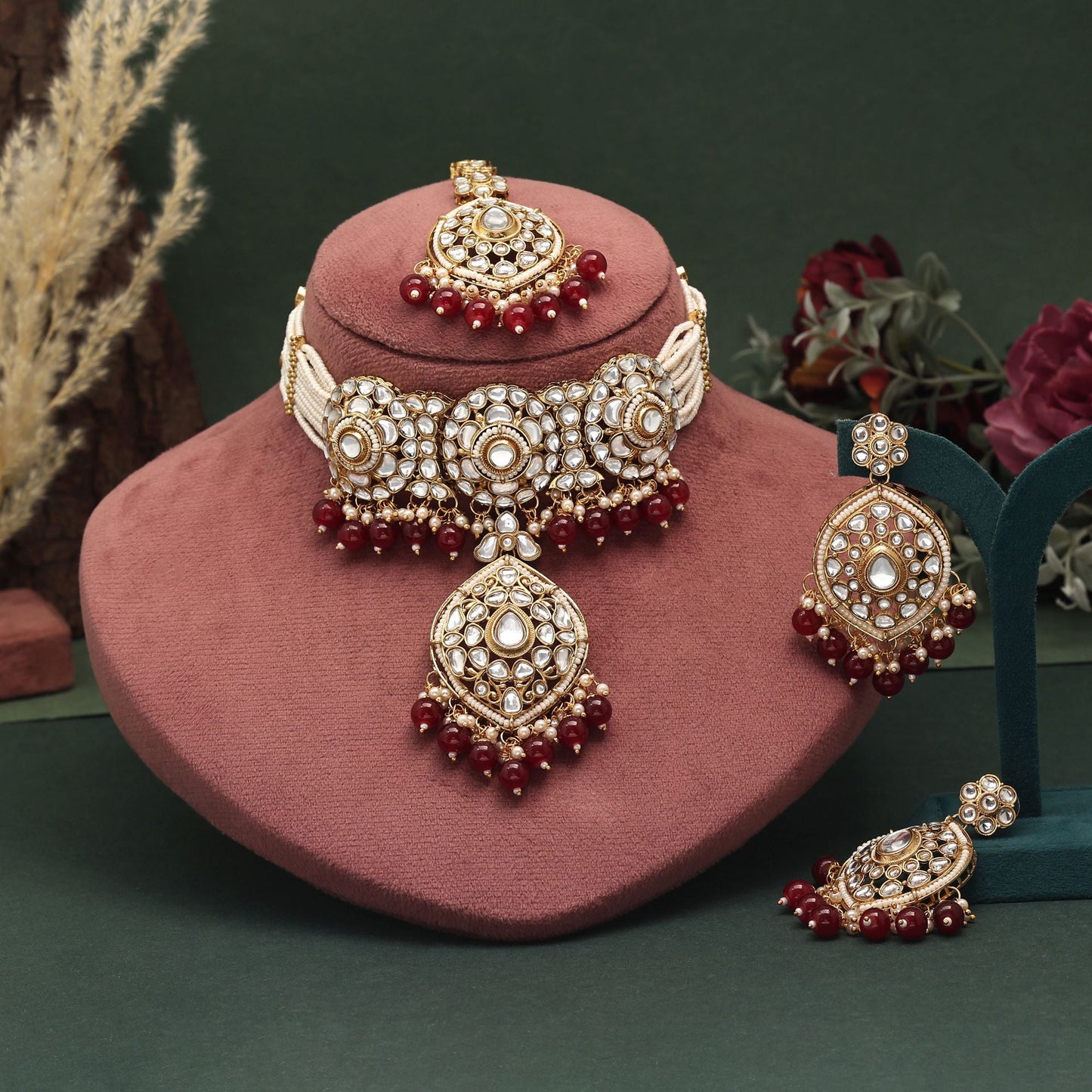 Stylish Maroon Color Choker Kundan Necklace Set Crafted For Wedding Jewelry And Party Occasions