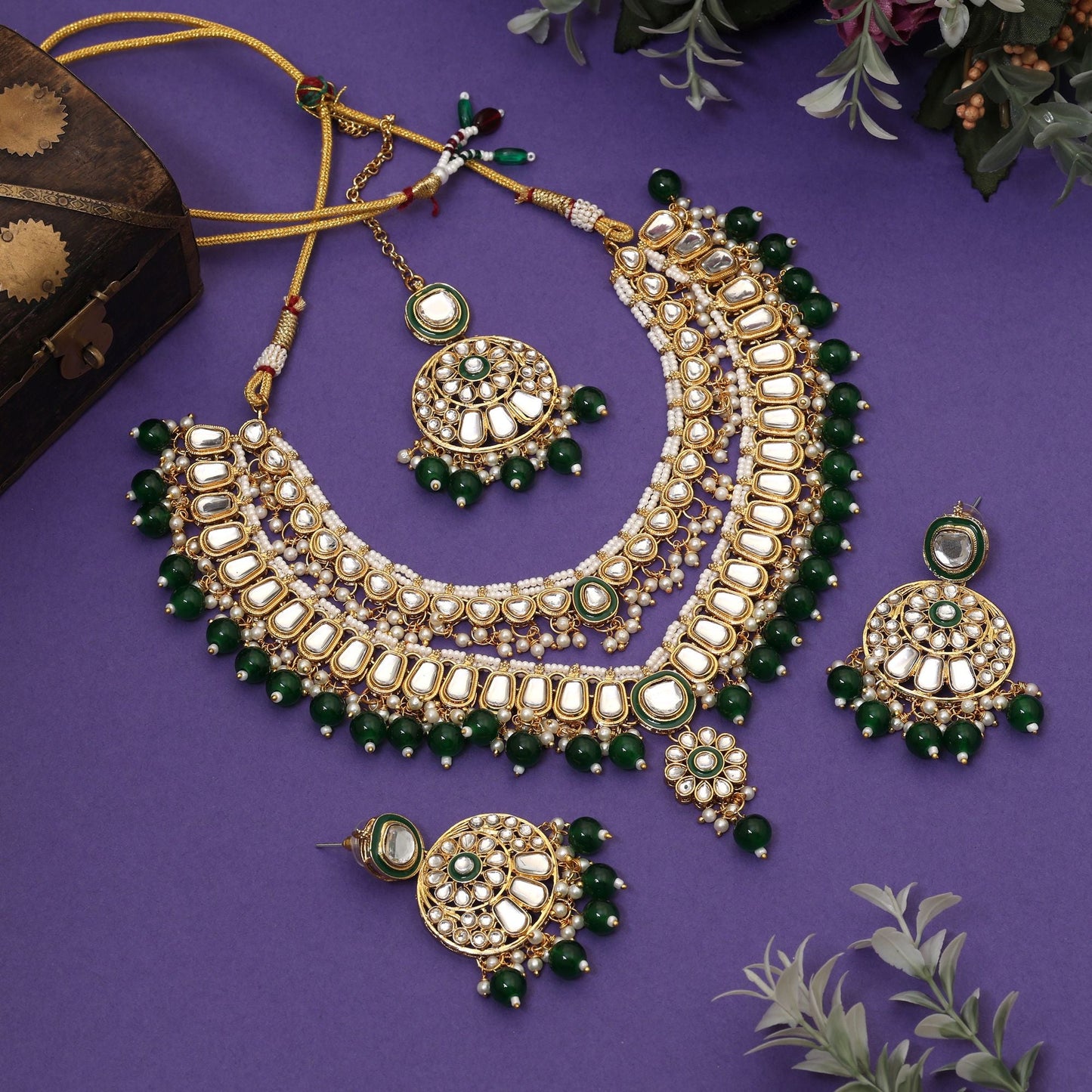 Elegant Green Color Meena Work Kundan Necklace Set Perfect For Weddings, Parties, And Traditional Outfits