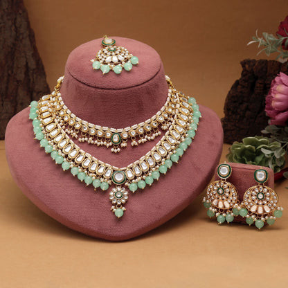 Beautiful Pista Green Color Meena Work Kundan Necklace Set Crafted For Bridal And Festival Jewelry