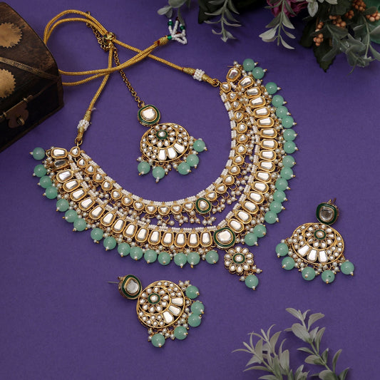 Beautiful Pista Green Color Meena Work Kundan Necklace Set Crafted For Bridal And Festival Jewelry