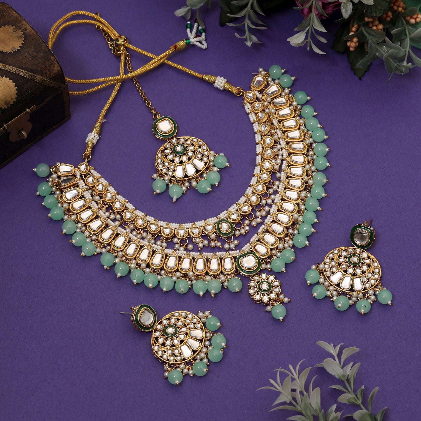 Beautiful Pista Green Color Meena Work Kundan Necklace Set Crafted For Bridal And Festival Jewelry