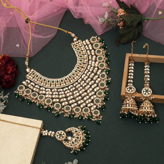 Elegant Green Color Kundan Necklace Set Crafted With Traditional Handmade Work For Wedding Jewelry