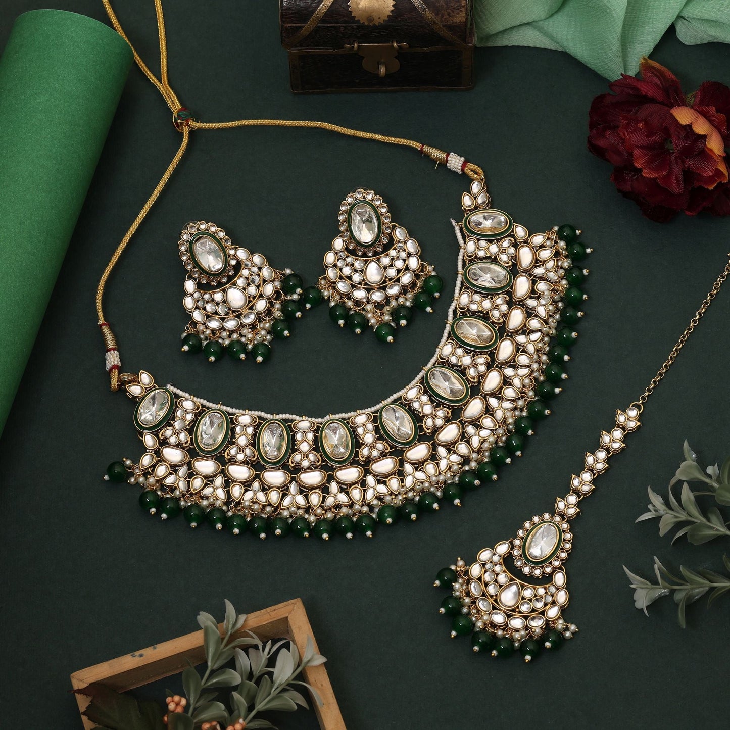 Graceful Green Color Kundan Necklace Set Perfect For Brides, Parties, And Wedding Celebrations