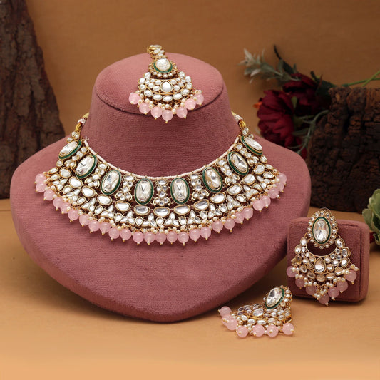 Attractive Yellow Color Kundan Necklace Set Crafted With Premium Artistic Work For Bridal Jewelry