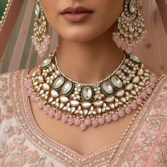 Attractive Pink Color Kundan Necklace Set Crafted With Premium Artistic Work For Bridal Jewelry