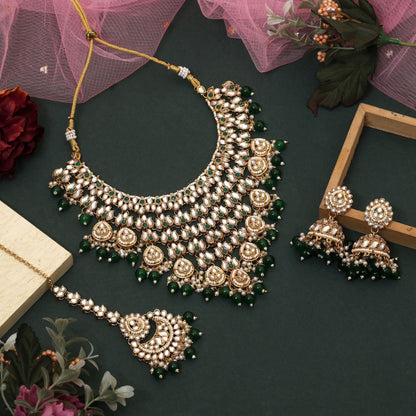 Stylish Green Color Kundan Necklace Set Designed For Bridal Wear, Festive Events, And Cultural Fashion