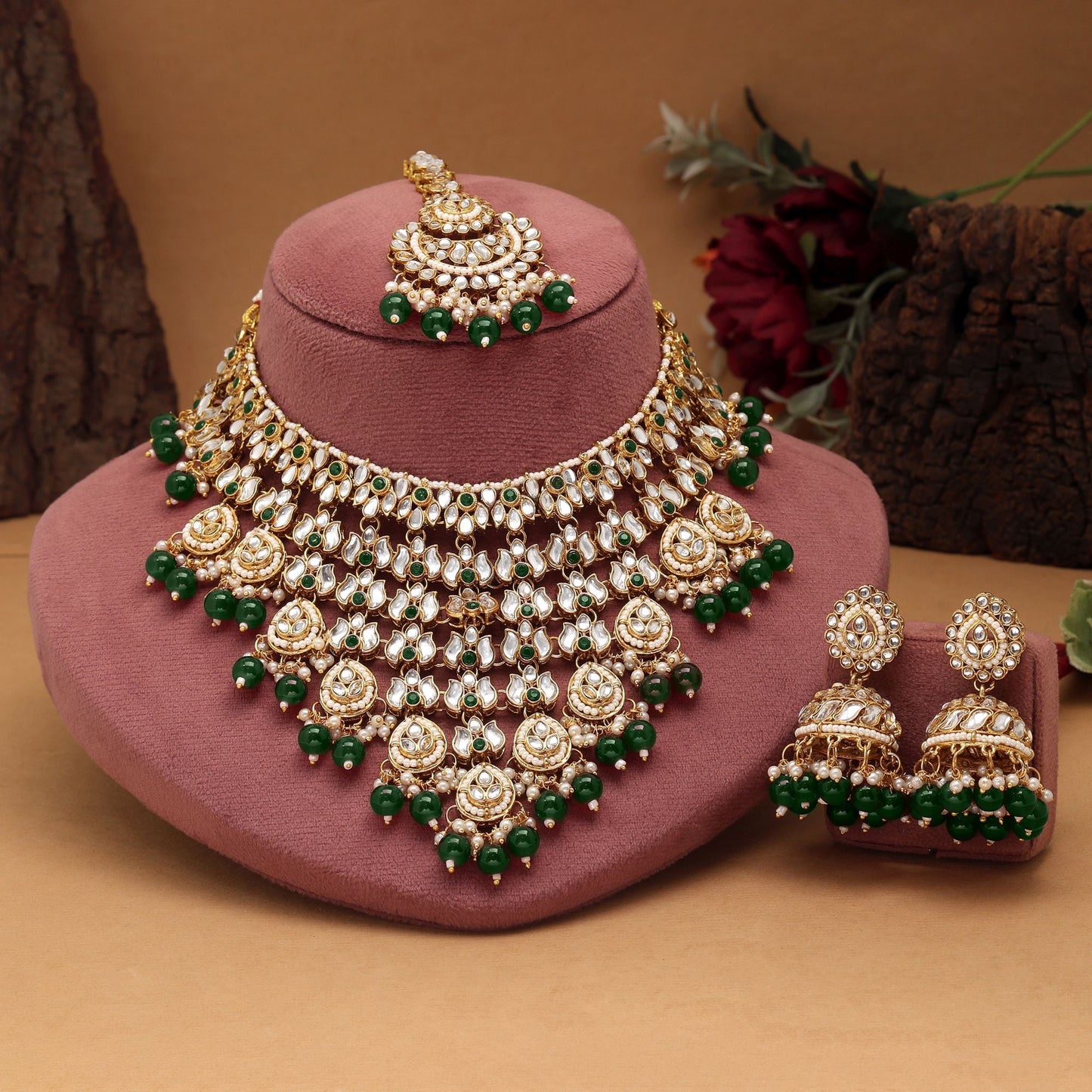 Stylish Green Color Kundan Necklace Set Designed For Bridal Wear, Festive Events, And Cultural Fashion