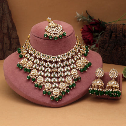 Stylish Green Color Kundan Necklace Set Designed For Bridal Wear, Festive Events, And Cultural Fashion
