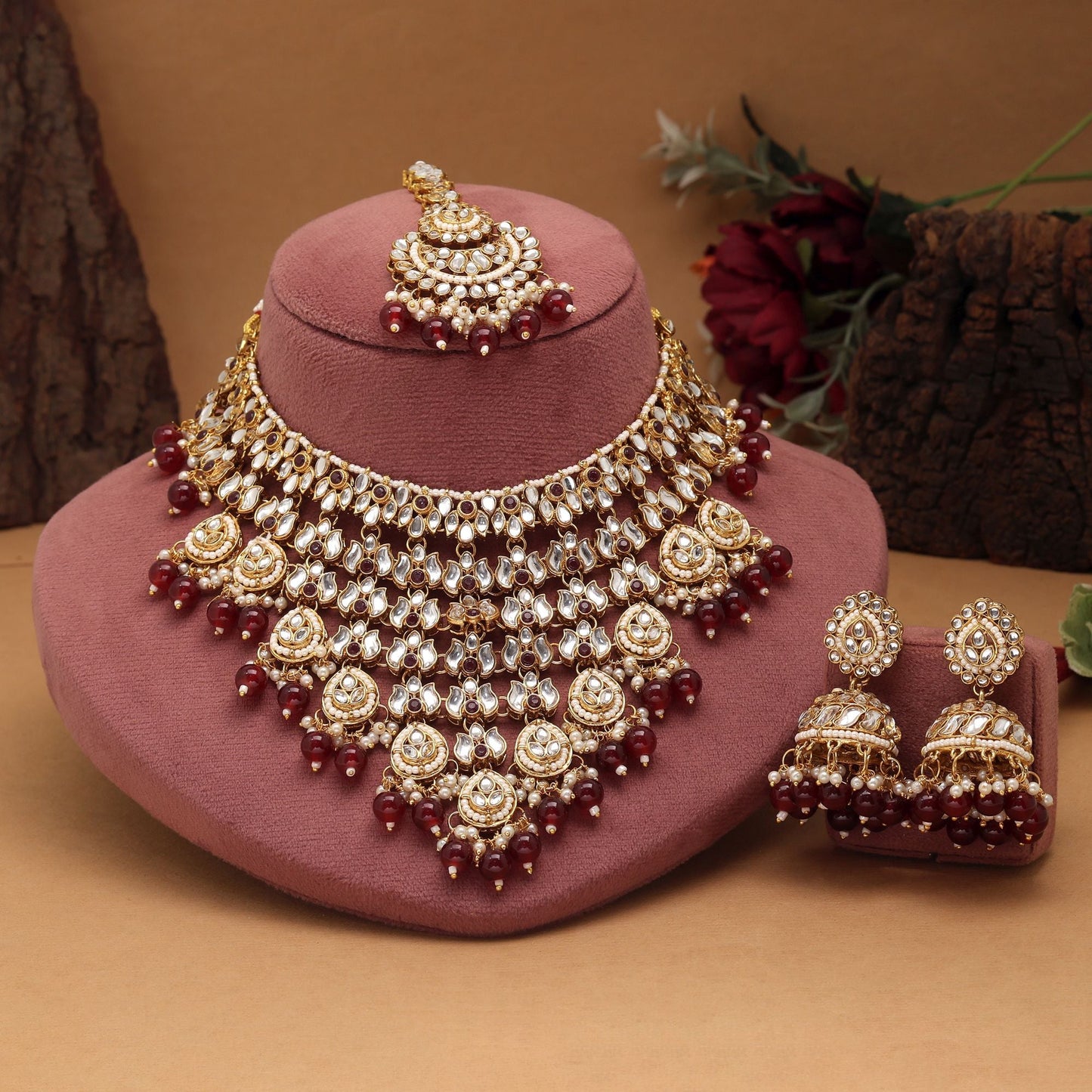 Royal Maroon Color Kundan Necklace Set Crafted With Exquisite Handmade Work For Wedding Celebrations