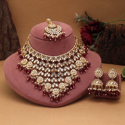 Royal Maroon Color Kundan Necklace Set Crafted With Exquisite Handmade Work For Wedding Celebrations
