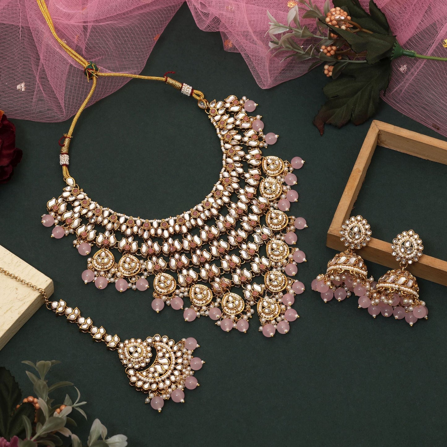 Gorgeous Pink Color Kundan Necklace Set Perfect For Brides, Parties, And Traditional Jewelry Outfits
