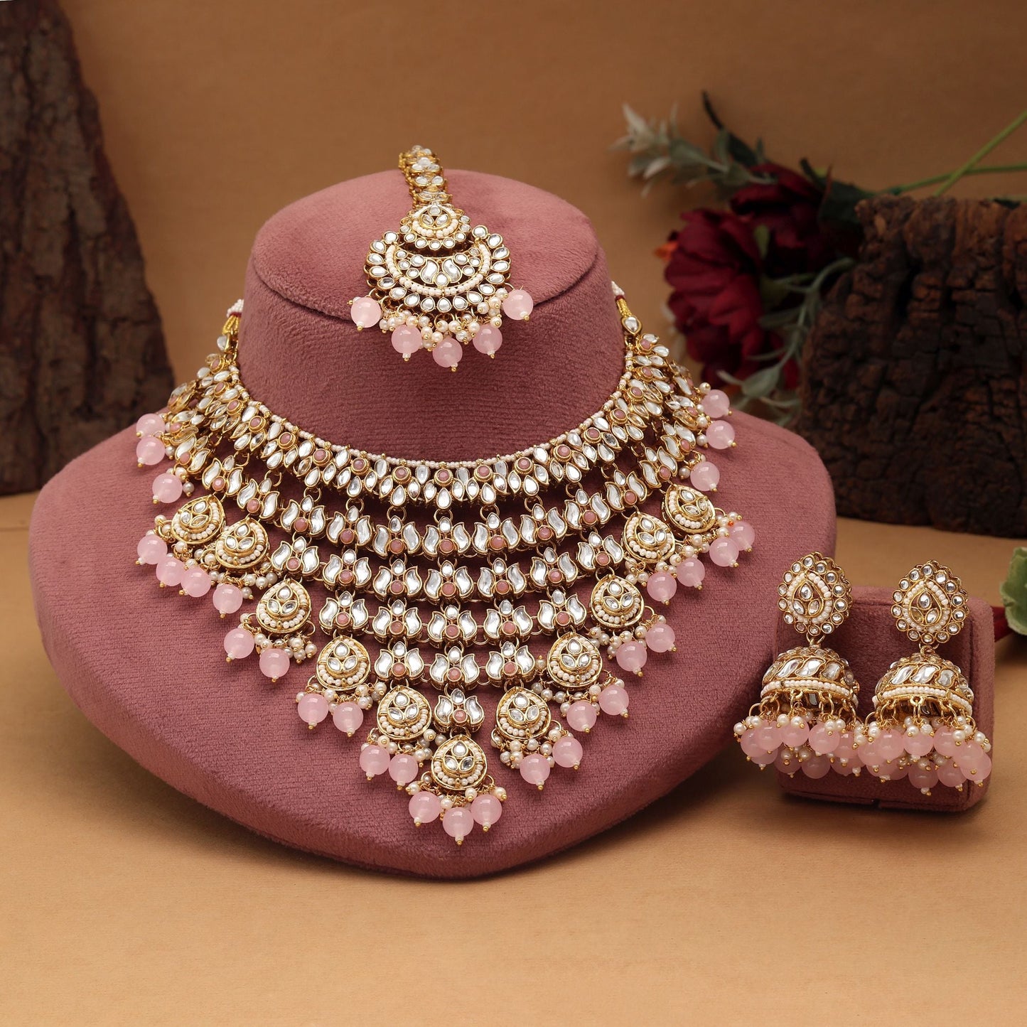 Gorgeous Pink Color Kundan Necklace Set Perfect For Brides, Parties, And Traditional Jewelry Outfits