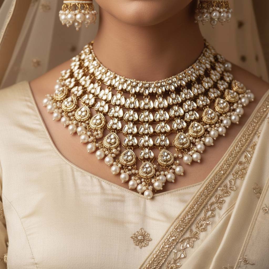Elegantes Kundan-Halskettenset in Weiß für Partys, Bräute und ethnische Hochzeitsfeiern