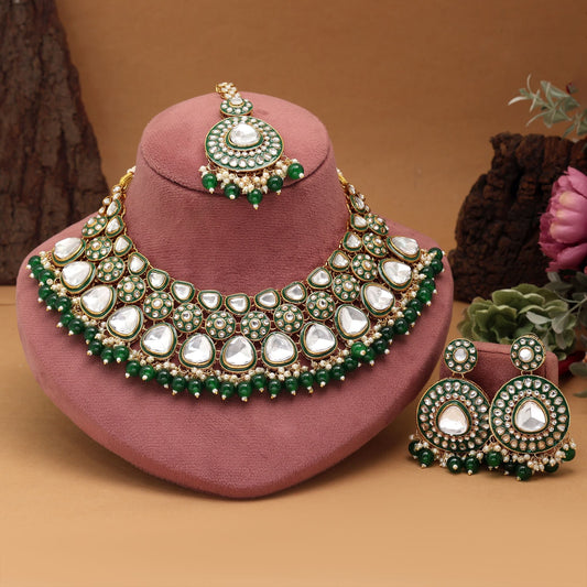 Beautiful Green Color Meena Work Kundan Necklace Set Crafted For Bridal Wear And Cultural Celebrations