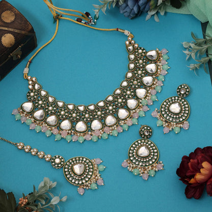 Attractive Pista Green And Pink Color Meena Work Kundan Necklace Set Perfect For Brides And Engagements