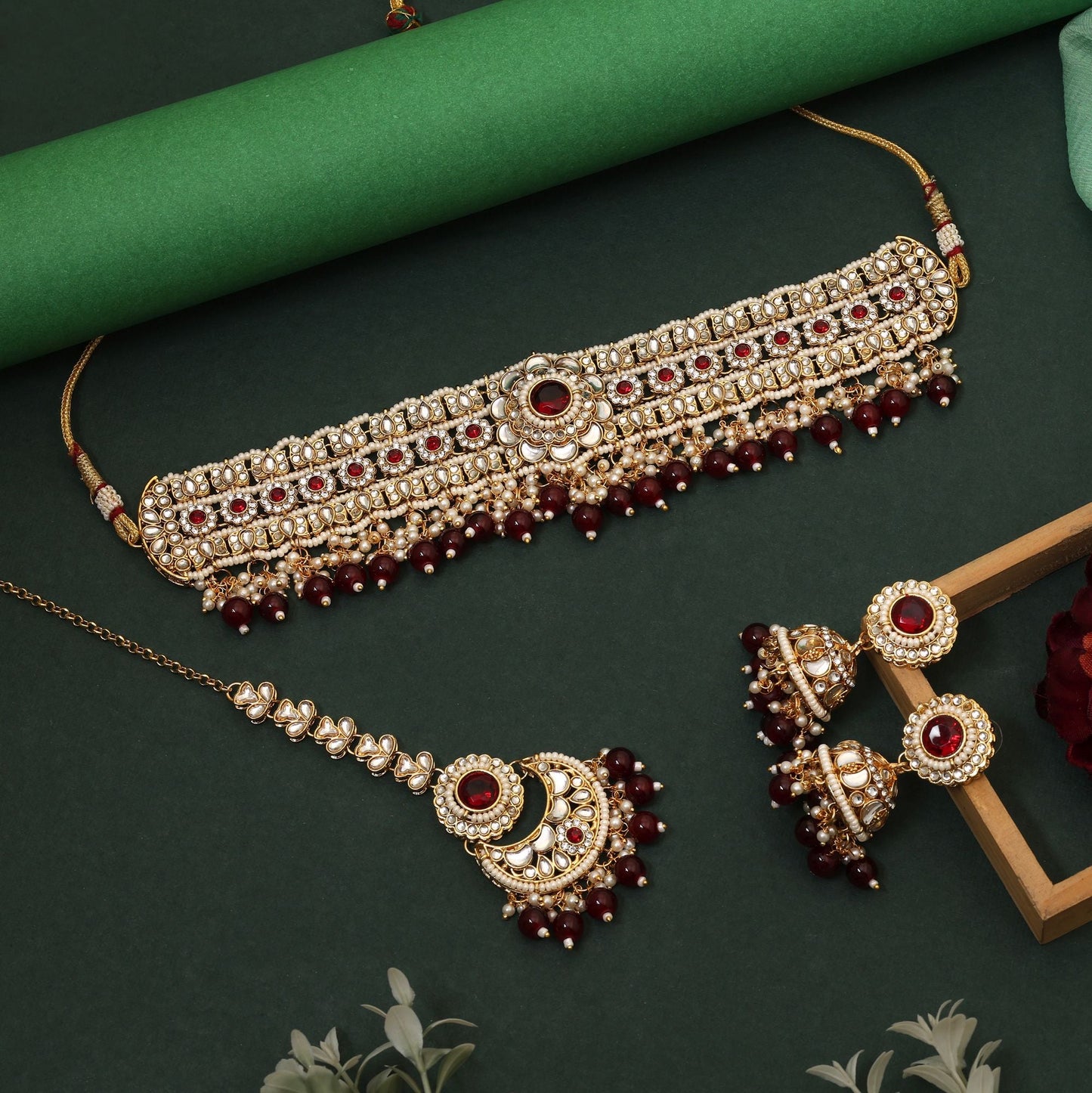 Royal Maroon Color Choker Kundan Necklace Set Perfect For Brides, Parties, And Cultural Celebrations