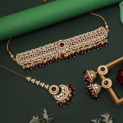 Royal Maroon Color Choker Kundan Necklace Set Perfect For Brides, Parties, And Cultural Celebrations