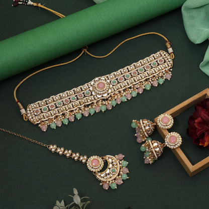 Elegantes Choker-Kundan-Halskettenset in Pista-Grün und Pink für Bräute, Partys und Festivals