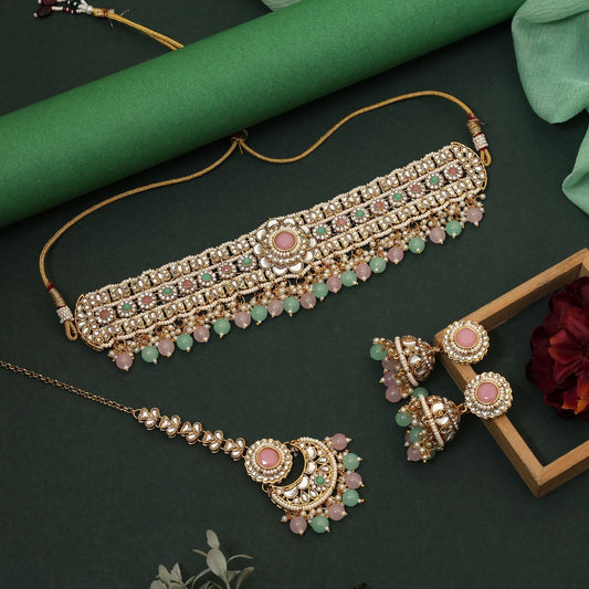 Elegantes Choker-Kundan-Halskettenset in Pista-Grün und Pink für Bräute, Partys und Festivals