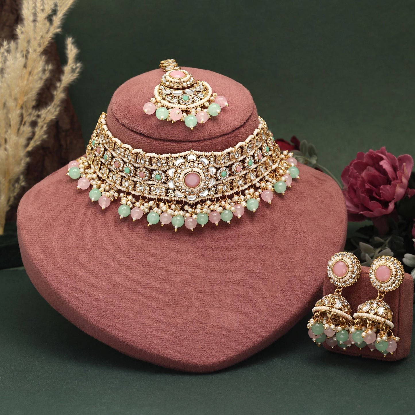 Elegantes Choker-Kundan-Halskettenset in Pista-Grün und Pink für Bräute, Partys und Festivals