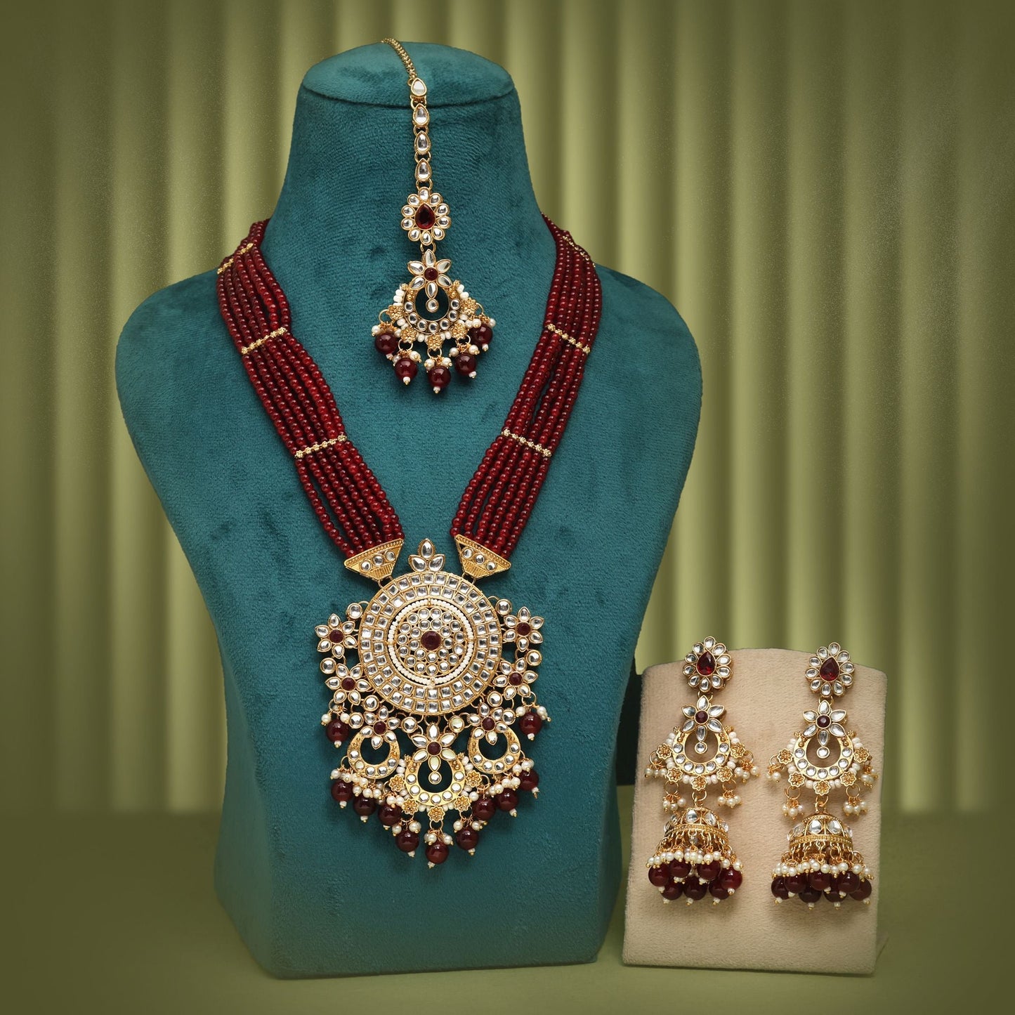 Royal Maroon Color Kundan Necklace Set With Traditional Bridal Jewellery Design